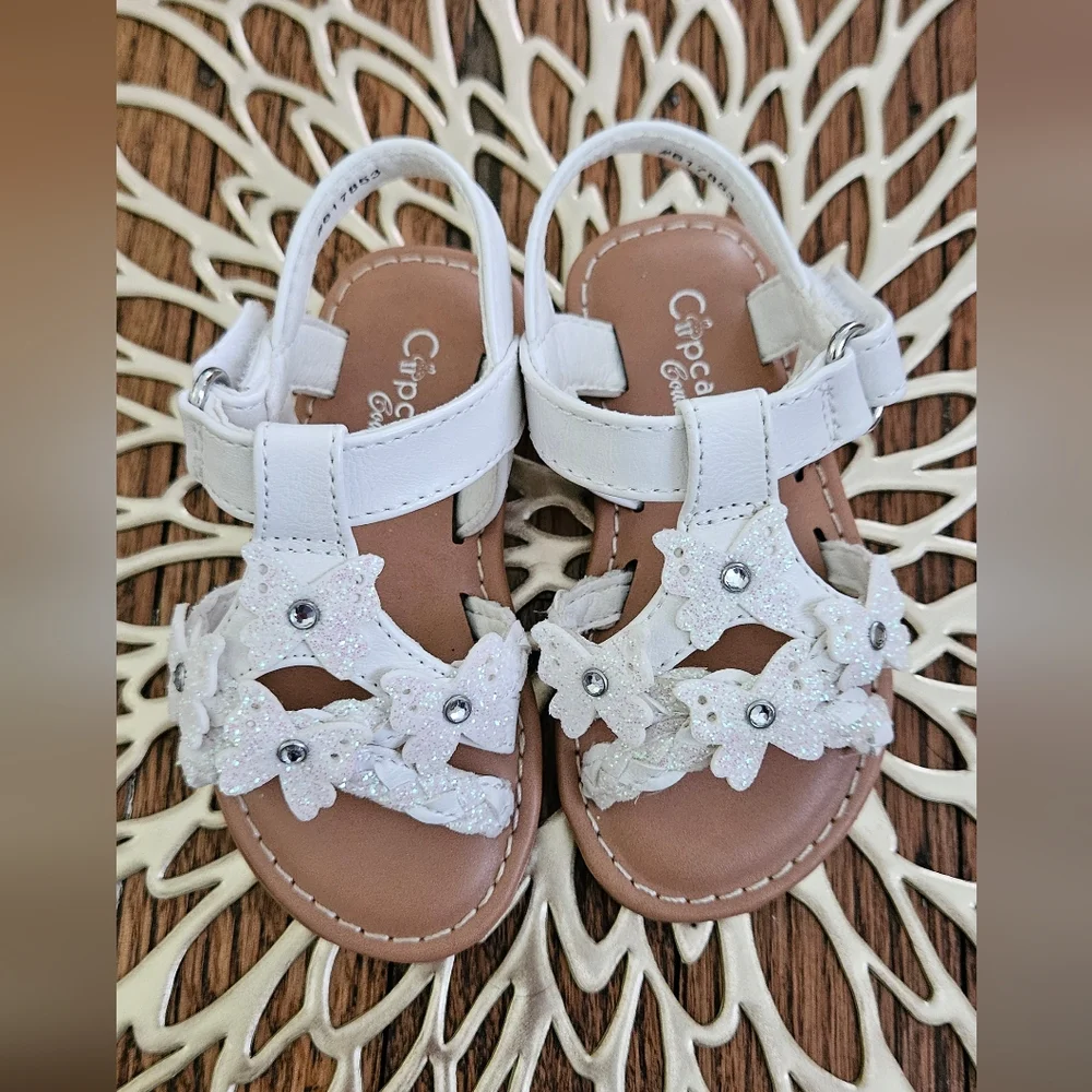 Cupcake Couture Butterfly Sparkle White Sandals Velcro Close Size 5